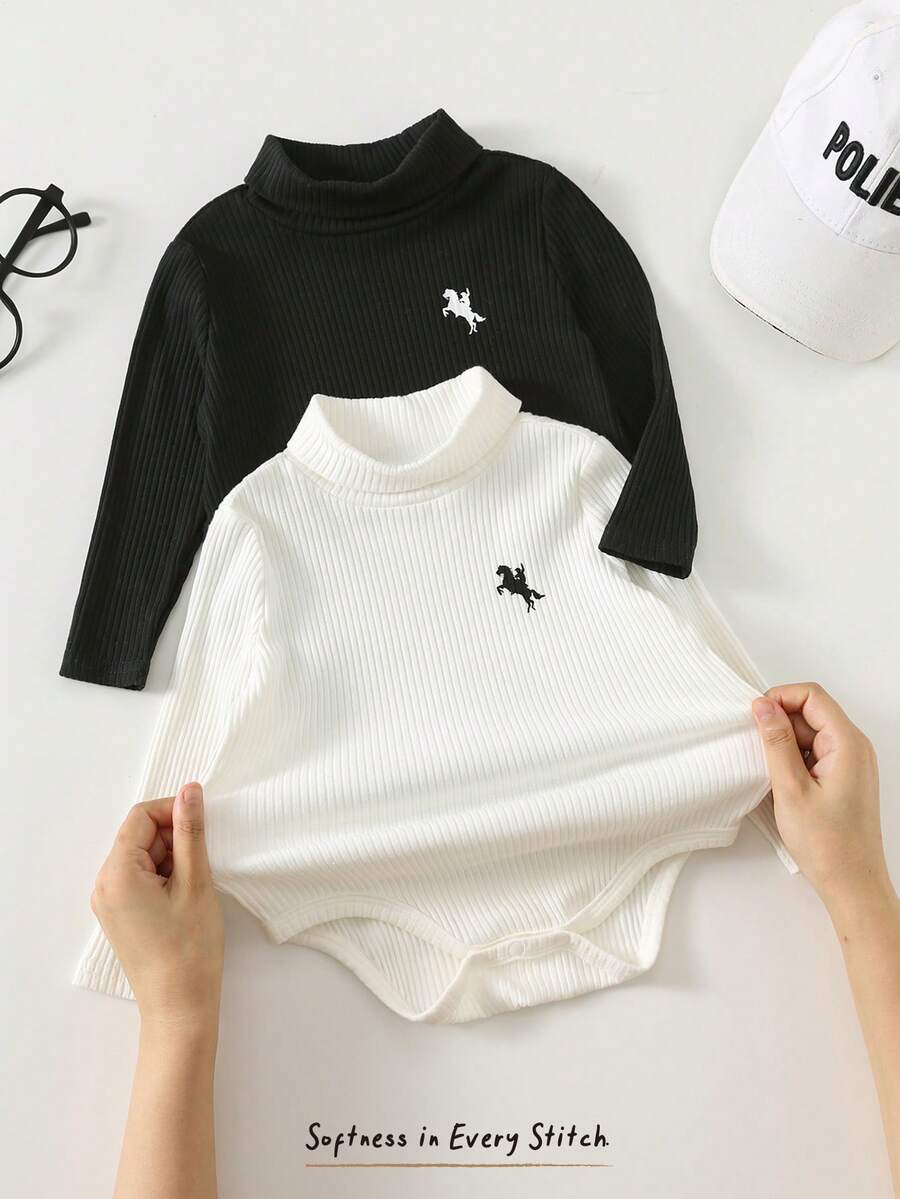 Cozy Pixies 两件套男/女婴高领纯色柔软弹力长袖针织套头衫套装,适合冬季穿着 - 黑與白 - 查看 1