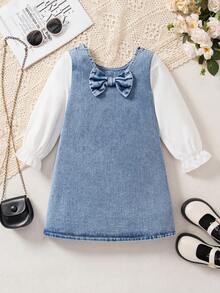 Young Girls Denim Patchwork Dress, White Sleeves, Bow Design At Back, Denim Dress