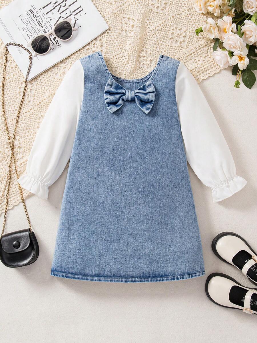Young Girls Denim Patchwork Dress, White Sleeves, Bow Design At Back, Denim Dress