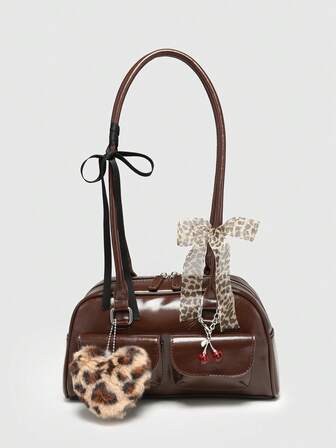 Kawaii Vintage Cute Style Women's Plaid Shoulder Bag With Bowknot, Cherry & Heart Decoration, Multi-Pocket Boston Bag, School, Street & Japanese Bag For Women