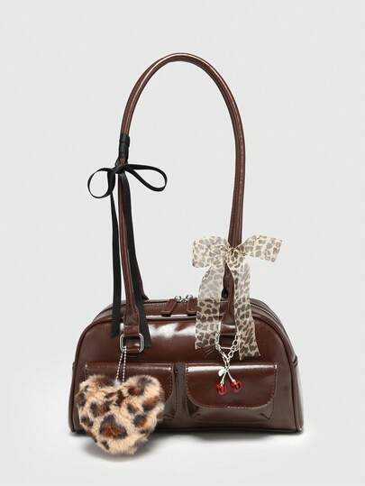 Kawaii Vintage Cute Style Women's Plaid Shoulder Bag With Bowknot, Cherry & Heart Decoration, Multi-Pocket Boston Bag, School, Street & Japanese Bag For Women