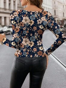 SHEIN Clasi 豹纹方领羊腿袖休闲简约长袖上衣，适合春秋季 - 彩色 - 查看 2