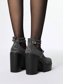 ROMWE Kawaii 女士豹纹露趾粗跟玛丽珍鞋，踝带，防水厚底派对正装鞋 - 灰色 - 查看 5