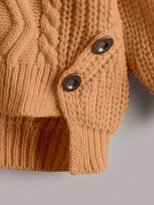 SHEIN Genkimix Kids 年轻女孩和年轻女孩毛衣，优雅可爱的粗针织不对称下摆纽扣饰边套头衫，柔软高品质休闲百搭毛衣，适合学校、户外、秋冬 - 駝色 - 查看 5