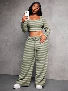 SHEIN SXY 2pcs/Set Plus Size Women Green Striped Crew Neck Tight T-Shirt And Striped Pants, Autumn/Winter - Multicolor - View 1
