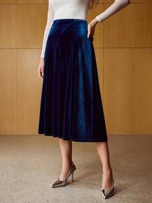 MOTF PREMIUM 秋冬不对称拉链天鹅绒A字裙 - 藍色 - 查看 4