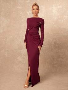 Lumalex 女士优雅红色露肩长袖修身连衣裙，金属装饰纽扣，褶饰设计和开衩，春秋 - 紅色 - 查看 7