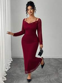 Elenzga Vestido Elegante e Sexy de Renda Recortada em Plus Size para Mulheres - Violeta - Visão 6