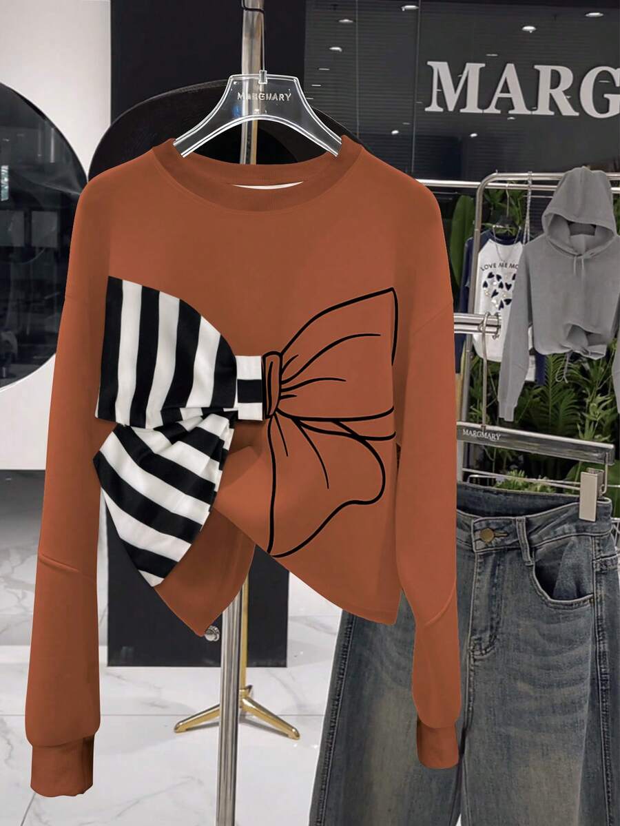 GlowEve Sweatshirt Kasual Lengan Panjang Leher Bulat Motif Garis-garis untuk Wanita, Musim Gugur/Dingin - Burnt Orange - View 1