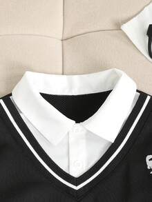 SHEIN 1pc Young BoyKnit Sweatshirt, Cute Dinosaur Embroidery 2 In 1 Classic Casual Pullover For Autumn/Winter - Black and White - View 4