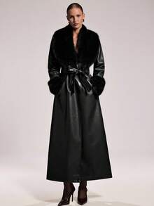 SHEIN BAE Women's Fashion Street PU Leather Patchwork Faux Fur Collar Extra Long Coat, Autumn/Winter - Black - View 9