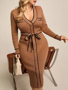 Juhart Vintage Elegant Khaki Color-Blocking Knit Waist Dress,V-Neck Metal Button Retro Black Autumn Formal Dress With Waist Belt For Women Winter - Coffee Brown - View 1