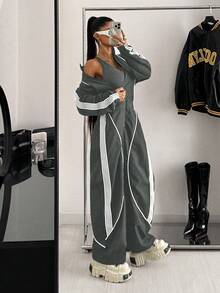 StreetHx Women's Sporty Color Block Zipper Front Wide Leg Loose Jumpsuit - Grey - View 5