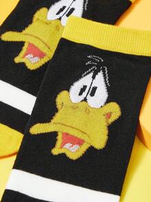 LOONEY TUNES X SHEIN Meias Soquete Femininas com Estampa Cartoon e Listras Contrastantes - Preto - Visão 3