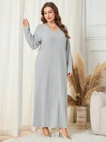 Lacomfia Vestido casual de mujer de talla grande con parches de encaje y costillas cepilladas - Gris - Ver 2