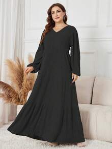 Lacomfia 针织罗纹羊毛休闲舒适百搭宽松长袖加大码连衣裙 - 黑色 - 查看 3