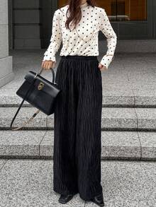 FRIFUL 女式纯色弹性腰部纹理面料直筒宽松裤