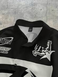 AXEPEAK 街头时尚宽松短款短袖男士字母印花休闲衬衫 - 黑色 - 查看 3