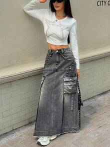 Rivivi 女式休闲水洗加长牛仔工装裙 - 深灰色 - 查看 4