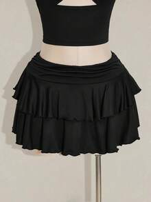 SHEIN ICON Conjunto de 2 piezas de top corto calado y minifalda de unicolor talla grande - Negro - Ver 12