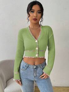 SHEIN Unity Women's Elegant Contrast Trim Cropped Cardigan - Green - View 6