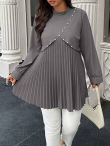Easura Plus Size Elegant Commuter Shirt With Pearl Decor And Pleated Design - Grey - View 5