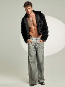 FeverCity 男士时尚连帽仿毛皮短袖外套，秋冬款 - 黑色 - 查看 5