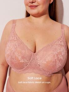 LUVLETTE 大码女士内衣休闲曲线全包覆聚拢透气钢圈性感无衬垫粉色蕾丝优雅网纱显瘦文胸新娘内衣 - 粉色 - 查看 2