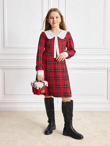 Vestito elegante a quadri natalizio per ragazza pre-adolescente, autunno/inverno - Rosso - Visualizzare 4