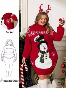 Enliva Vestido de punto con cuello alto y estampado de muñeco de nieve para mujer de talla grande, ideal para la temporada navideña/invierno, para silueta redondeada tipo manzana - Rojo - Ver 1