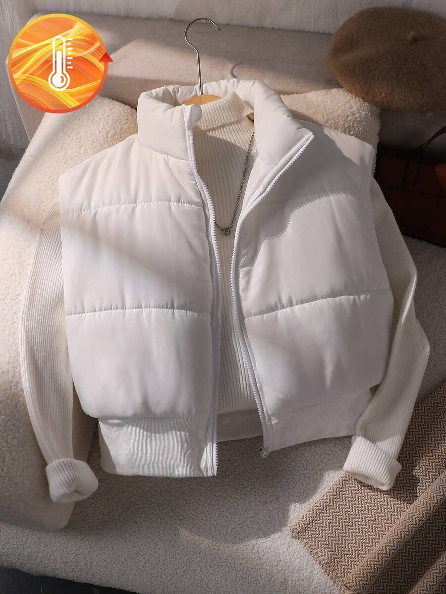 SHEIN 青少年女孩休闲百搭运动宽肩立领短款棉背心，秋冬 - 白色 - 查看 1
