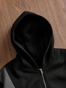 SWAVVY Casual Patchwork Color Block Cropped Hoodie - Black - View 3