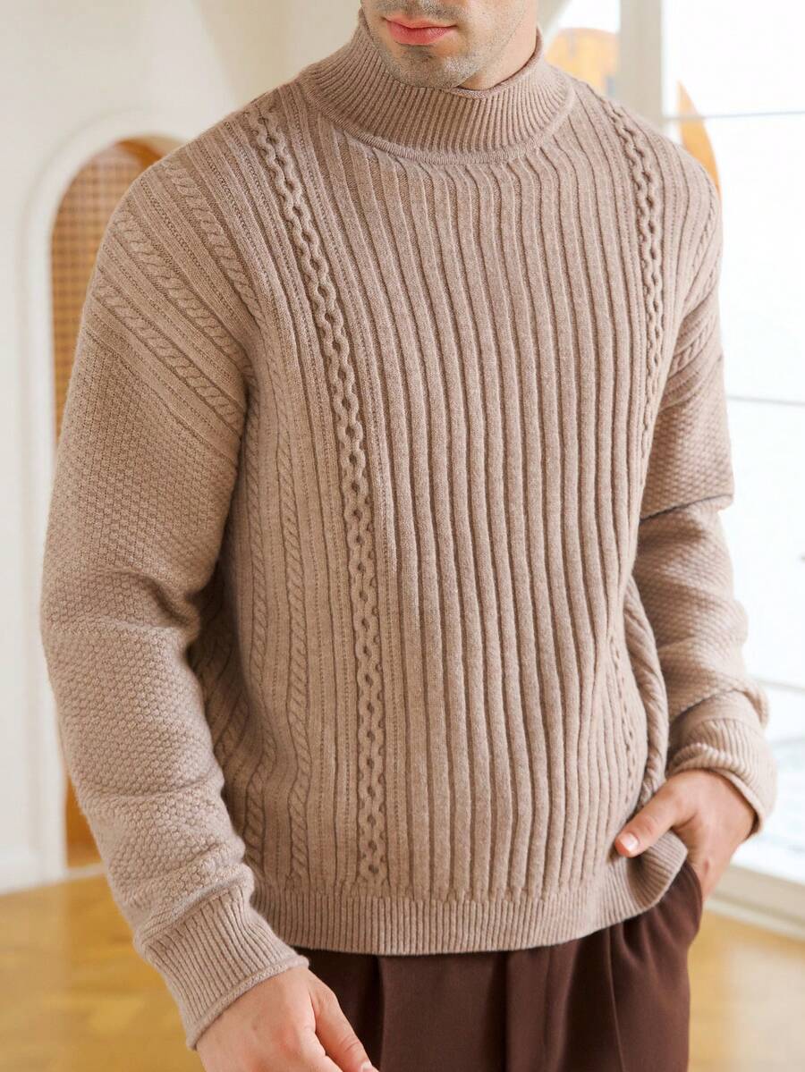 Manfinity Homme Men's Casual Solid Color Stand Collar Sweater,Autumn Winter Fleece Cold-Proof Top Gift For Husband,Khaki,Autumn,Casual,Work Brown Sweater - Apricot - View 1