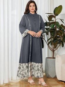 Lacomfia Váy dài tay rộng rãi in họa tiết chắp vá cỡ lớn, mùa xuân/thu - Nhiều màu - Xem 4