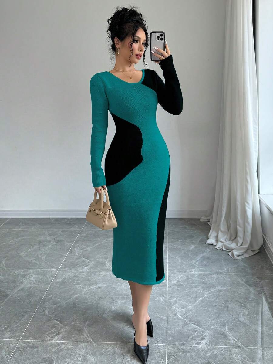 Elenzga 女式拼色圆领修身优雅长袖毛衣裙 - 綠色 - 查看 1