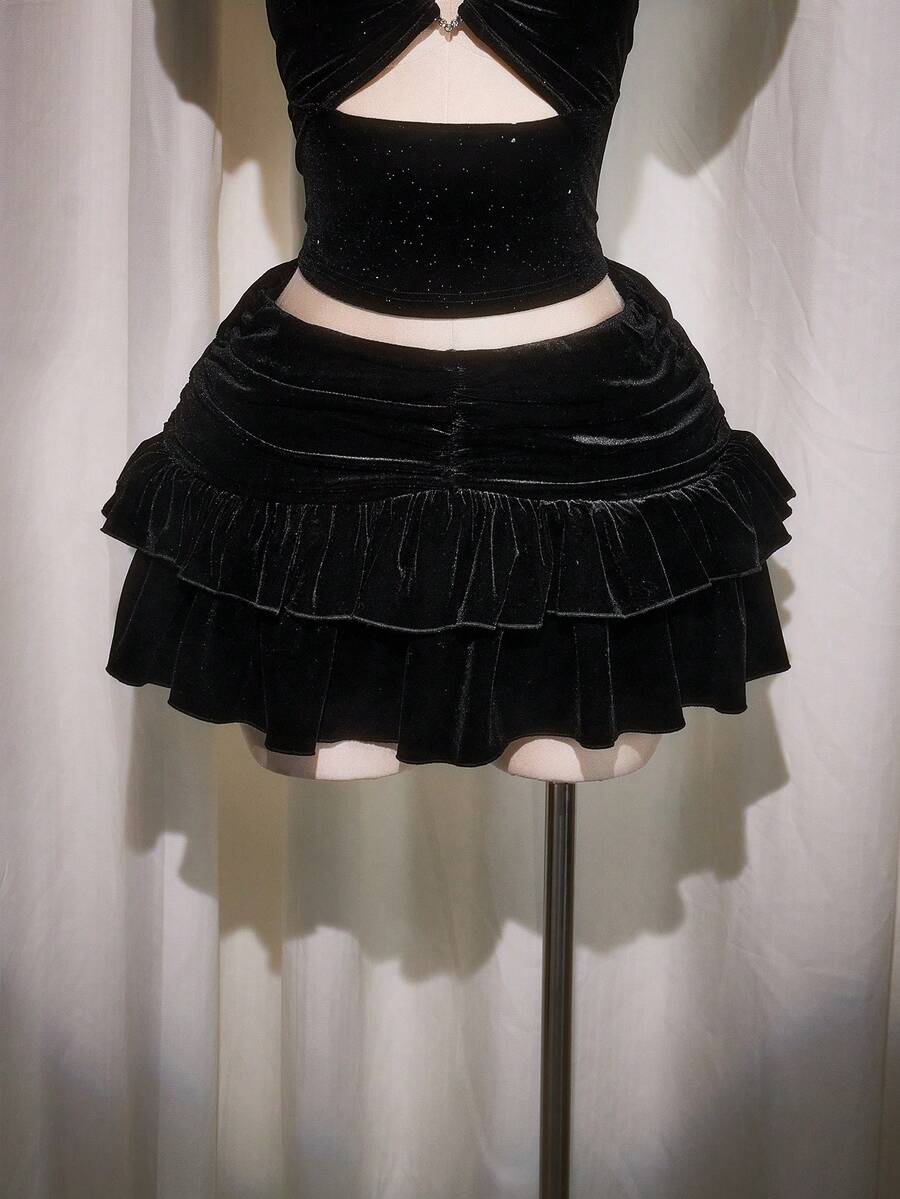 SHEIN ICON Plus Size High Waist Ruffle Hem Velvet Skirt - Black - View 1
