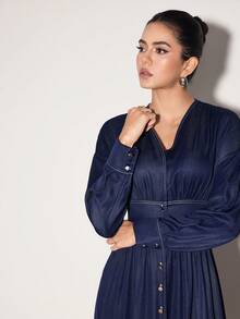 Modelyn 女士休闲V领宽松腰部单排扣前开式连衣裙，适合春秋季日常通勤 - 藏蓝色 - 查看 4