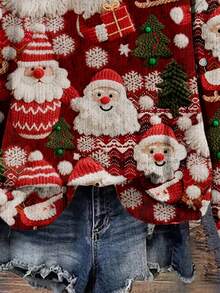 SHEIN LUNE Sweat-shirt-shirt ample à col rond à manches longues avec imprimé Père Noël, style minimaliste décontracté. Convient pour l'automne, l'hiver et Noël