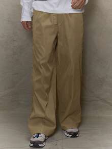 Musero Wide Leg Basic Plain Style Trouser Elasticated Waistband Buckle Style Belt SPRING SUMMER - Khaki - View 2