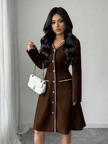 Rafferiza فستان نسائي بياقة على شكل حرف V وأكمام طويلة، خصر مشدود بتريم متباين، خصر مشدود وتنورة على شكل حرف A، طول متوسط، خريف/شتاء - قهوة بني - مشاهدة 3
