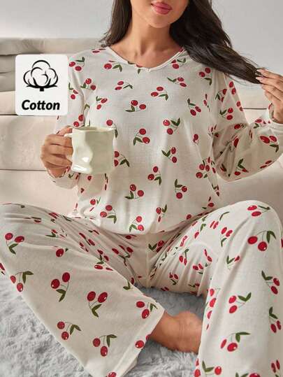 Women Casual Cherry Printed Cute Plus Size Pajama Set