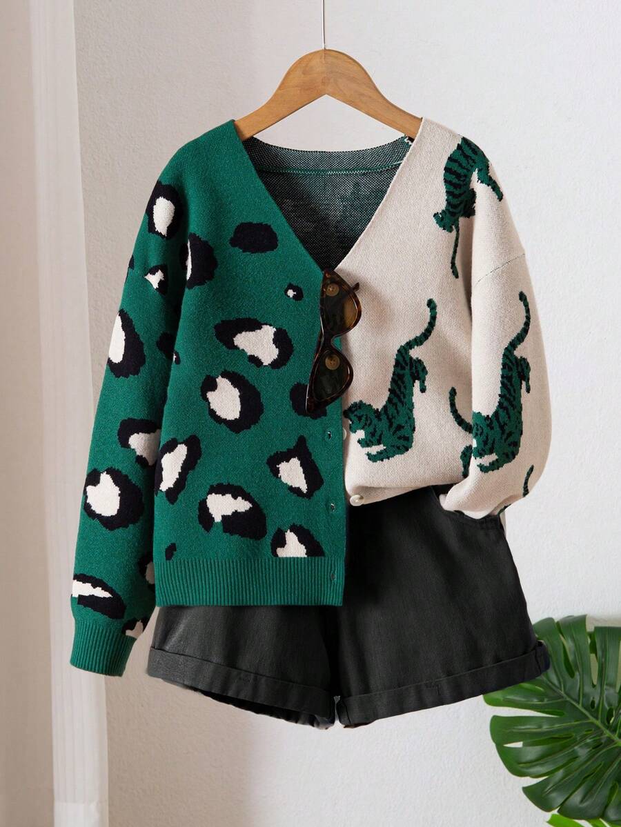 Sparklyn 女童时尚豹纹提花针织开衫,秋冬 - 橄欖綠 - 查看 1