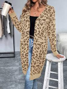 EMERY ROSE Cárdigan largo de mujer con estampado de leopardo y manga larga