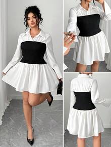 Elenzga 大码女式优雅二合一 Polo 领黑白拼布褶皱修身长袖衬衫裙，适合日常通勤、工作、约会、派对、毕业典礼、节日、情人节、音乐节、万圣节 - 黑與白 - 查看 1