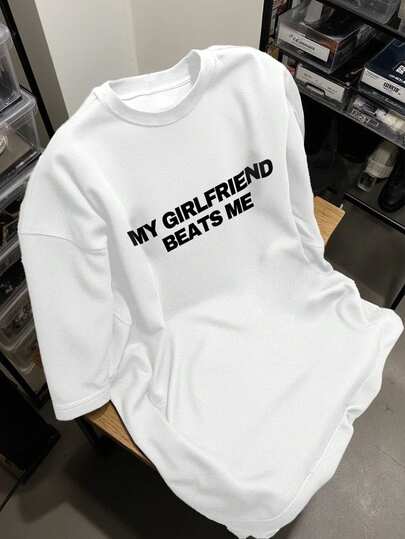 Manfinity Dauomo Men's Regular Funny "My Girlfriend Beat Me" Unisex T-Shirt, Humorous Relationship Tee, Boyfriend Gift, Creative Graphic Tee, Joke T-Shirt, Loose Fit Casual Minimalist Style Short Sleeve Round Neck