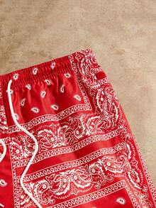 Manfinity BRENVOR Men's Holiday Beach Paisley Printed Drawstring Waist Shorts - Red - View 4