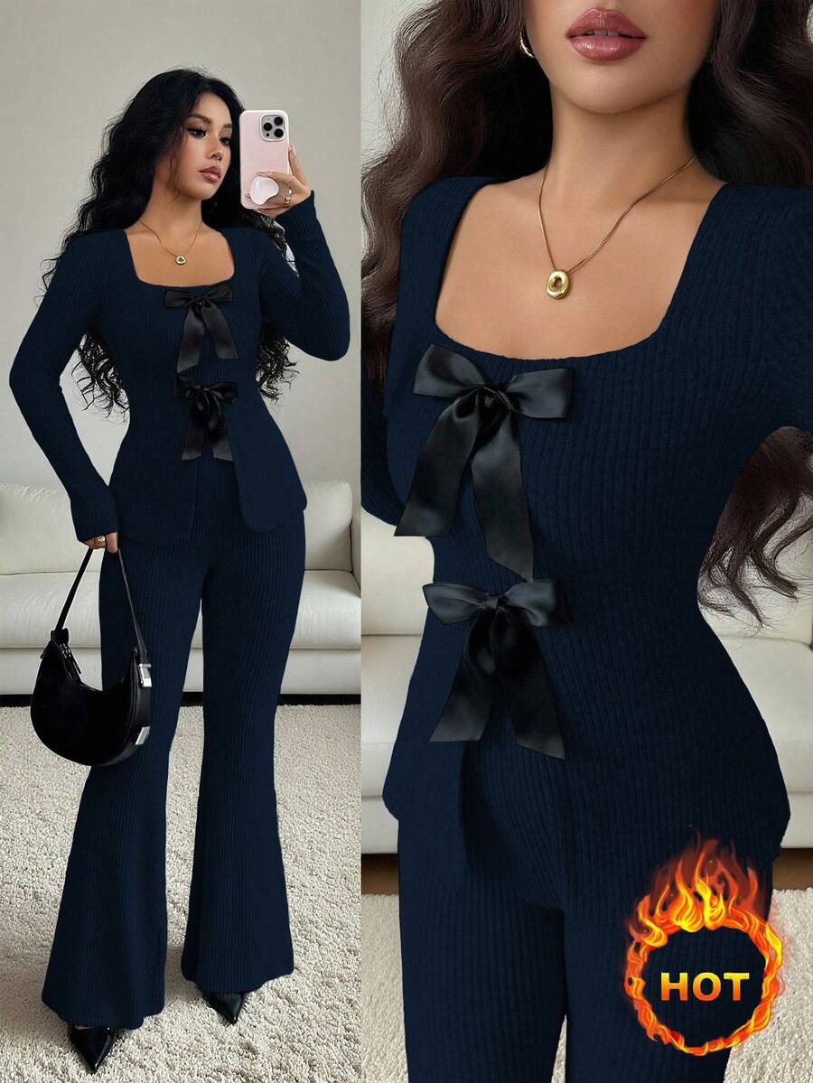 Elenzga Women's Elegant Fluffy Ribbed Knit Bowknot Collar Long Sleeve Cinched Waist Top And Flare Pants 2 Pieces Set - Navy Blue - View 1