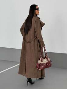 Flirla 女士复古棕色裹身风衣，秋季女装，棕色冬季女装，感恩节女装，Baddie - 棕色 - 查看 2