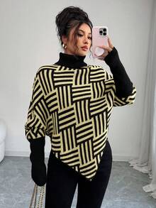 Selianne Women's Elegant High Neck Geometric Textured Poncho Sweater, Colorblock, Suitable For Home & Travel, Spring/Autumn - Yellow - View 5