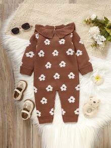咖啡色婴儿荷叶边领哈衣+花卉提花长袖毛衣连体衣，甜美可爱爬行 - 咖啡棕 - 查看 2
